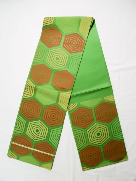 Photo1: L0218N Vintage Japanese Kimono   Green FUKURO OBI sash Tortoise-shell pattern― Hexagonal pattern Silk. (1)