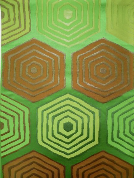 Photo3: L0218N Vintage Japanese Kimono   Green FUKURO OBI sash Tortoise-shell pattern― Hexagonal pattern Silk. (3)