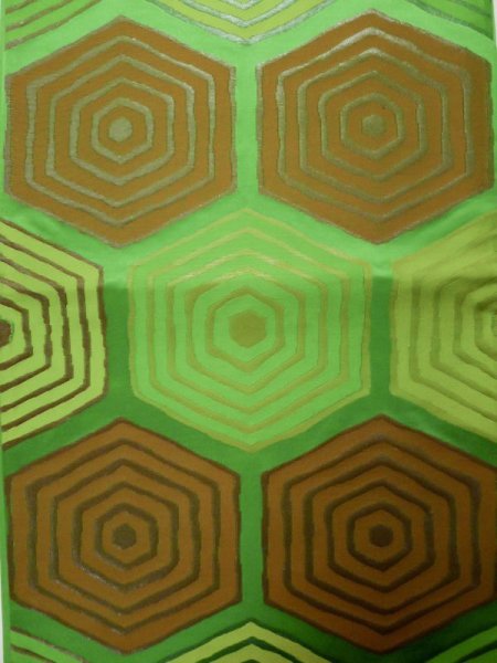 Photo4: L0218N Vintage Japanese Kimono   Green FUKURO OBI sash Tortoise-shell pattern― Hexagonal pattern Silk. (4)