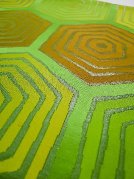 Photo9: L0218N Vintage Japanese Kimono   Green FUKURO OBI sash Tortoise-shell pattern― Hexagonal pattern Silk. (9)