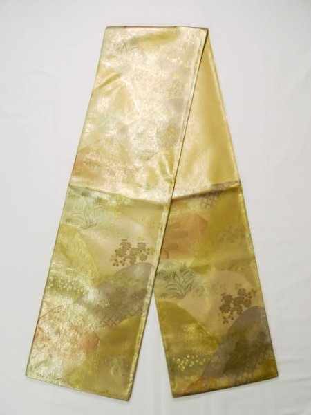 Photo1: L0218S Vintage Japanese Kimono Shiny  Gold FUKURO OBI sash Peony Silk. (1)