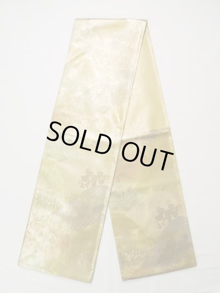 Photo1: L0218S Vintage Japanese Kimono Shiny  Gold FUKURO OBI sash Peony Silk. (1)