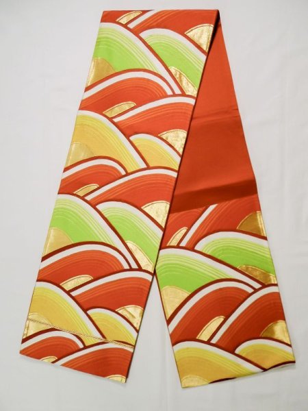 Photo1: L0218X Vintage Japanese Kimono   Gold FUKURO OBI sash Abstract pattern Silk. (1)