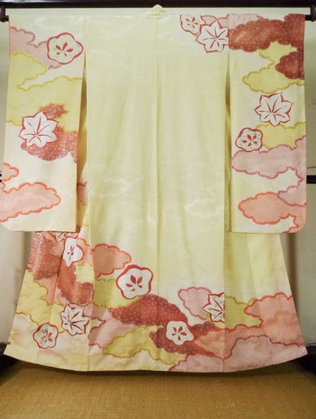 Photo1: L0309R Used Japanese womenSmoky  Green FURISODE long-sleeved / Silk. UME plum bloom,   (Grade B) (1)