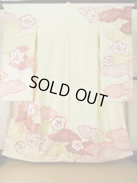 Photo1: L0309R Used Japanese womenSmoky  Green FURISODE long-sleeved / Silk. UME plum bloom,   (Grade B) (1)