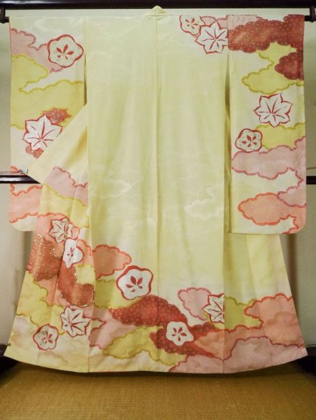 Photo2: L0309R Used Japanese womenSmoky  Green FURISODE long-sleeved / Silk. UME plum bloom,   (Grade B) (2)