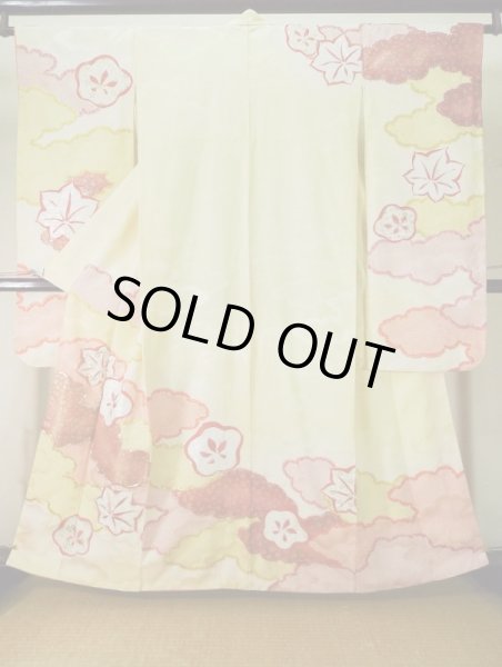 Photo2: L0309R Used Japanese womenSmoky  Green FURISODE long-sleeved / Silk. UME plum bloom,   (Grade B) (2)
