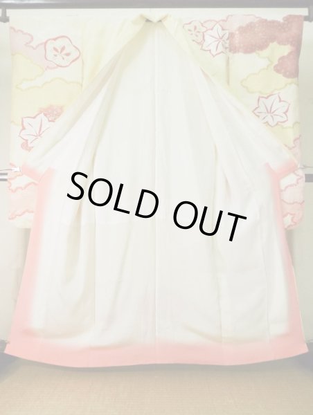 Photo3: L0309R Used Japanese womenSmoky  Green FURISODE long-sleeved / Silk. UME plum bloom,   (Grade B) (3)