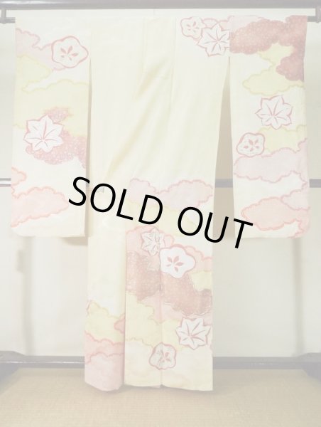 Photo4: L0309R Used Japanese womenSmoky  Green FURISODE long-sleeved / Silk. UME plum bloom,   (Grade B) (4)