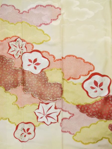 Photo5: L0309R Used Japanese womenSmoky  Green FURISODE long-sleeved / Silk. UME plum bloom,   (Grade B) (5)