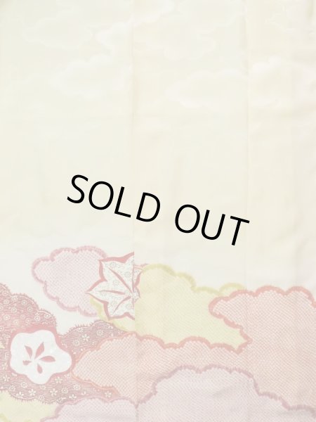 Photo6: L0309R Used Japanese womenSmoky  Green FURISODE long-sleeved / Silk. UME plum bloom,   (Grade B) (6)