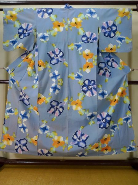 Photo1: L0316K Used Japanese womenSmoky  Orange Pour Dyed Yukata / Cotton. Flower,   (Grade D) (1)