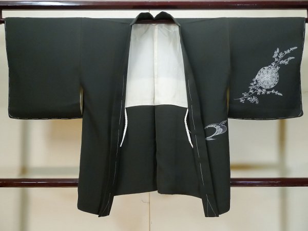 Photo1: L0318A Used Japanese women  Black HAORI short jacket / Silk. HAGI flower,   (Grade B) (1)