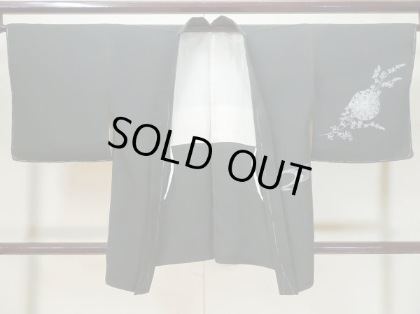 Photo1: L0318A Used Japanese women  Black HAORI short jacket / Silk. HAGI flower,   (Grade B) (1)
