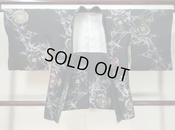 Photo1: L0318E Used Japanese women  Black HAORI short jacket / Silk. Chrysanthemum,   (Grade B) (1)