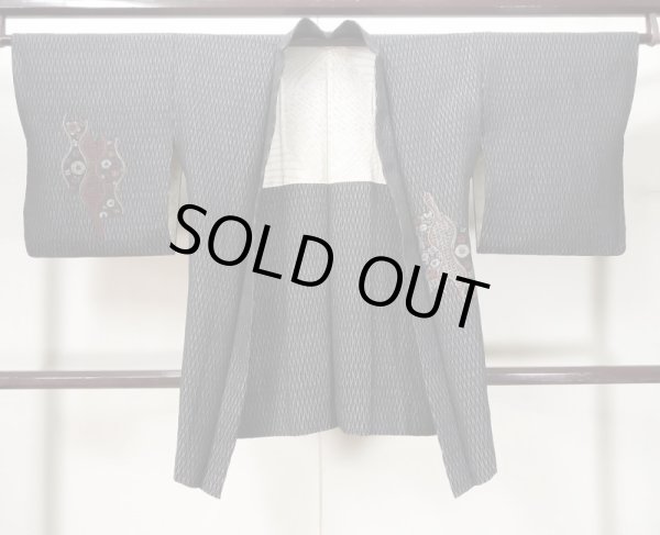 Photo1: L0318K Used Japanese women  Black HAORI short jacket / Silk. Flower,   (Grade B) (1)