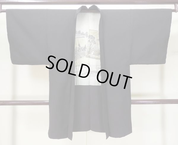 Photo1: L0318N Used Japanese men  Black Men's Haori / Silk. Dot motif in lining: strip paper  (Grade D) (1)