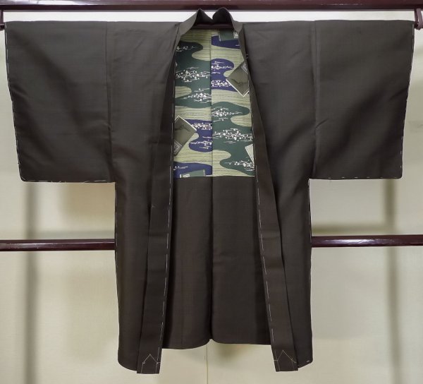 Photo1: L0318T Used Japanese menPale  Brown Men's Haori / Silk. Plaid Checks motif in lining: book  (Grade C) (1)