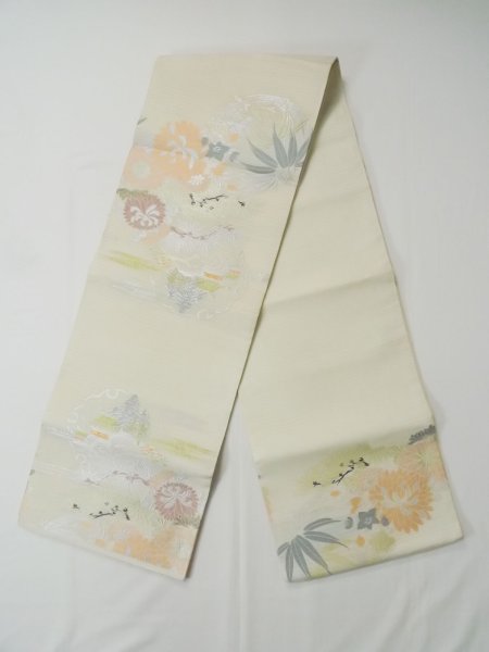 Photo1: L0323D Vintage Japanese Kimono   Ivory MARU OBI sash Chrysanthemum Silk. (Grade B) (1)