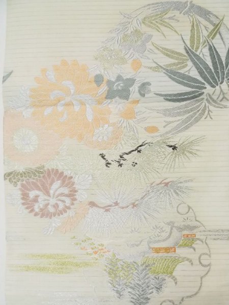 Photo3: L0323D Vintage Japanese Kimono   Ivory MARU OBI sash Chrysanthemum Silk. (Grade B) (3)