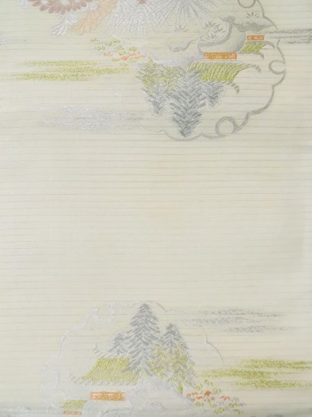 Photo4: L0323D Vintage Japanese Kimono   Ivory MARU OBI sash Chrysanthemum Silk. (Grade B) (4)