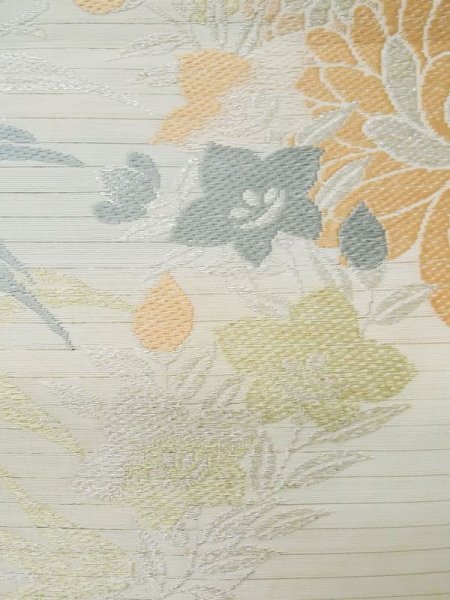 Photo9: L0323D Vintage Japanese Kimono   Ivory MARU OBI sash Chrysanthemum Silk. (Grade B) (9)