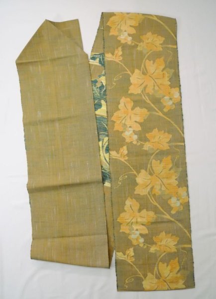 Photo1: L0323R Vintage Japanese Kimono Smoky  Yellow FUKURO NAGOYA Obi Leaf Silk. (1)