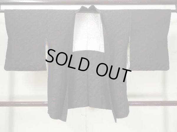 Photo1: L0324B Used Japanese women  Black HAORI short jacket / Silk. Chrysanthemum,   (Grade C) (1)