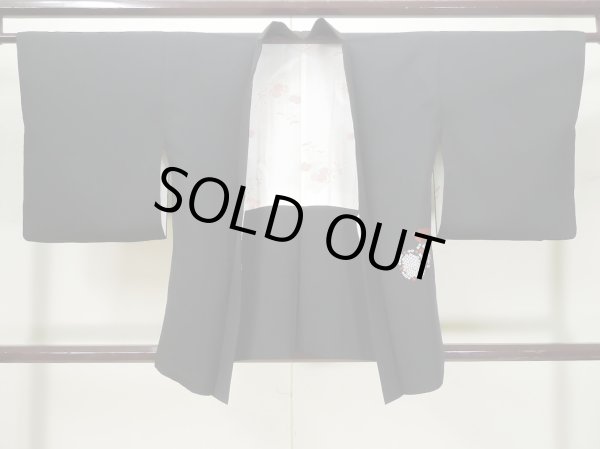 Photo1: L0324D Used Japanese women  Black HAORI short jacket / Silk. UME plum bloom,   (Grade A) (1)