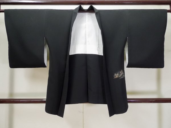 Photo1: L0324G Used Japanese women  Black HAORI short jacket / Silk. Flower,   (Grade B) (1)