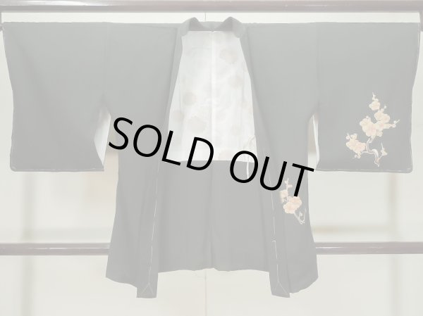 Photo1: L0324J Used Japanese women  Black HAORI short jacket / Synthetic. UME plum bloom,   (Grade B) (1)