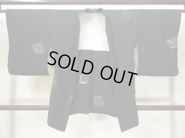 Photo1: L0324L Used Japanese women  Black HAORI short jacket / Silk. UME plum bloom,   (Grade B) (1)