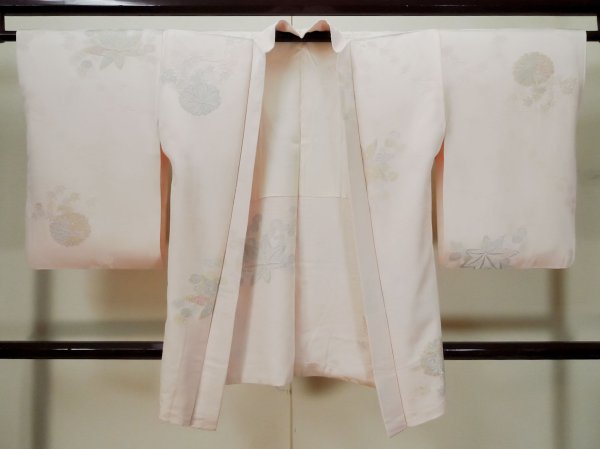 Photo1: L0324R Used Japanese women Smoky Creamy Kahki HAORI short jacket / Silk. Chrysanthemum,   (Grade D) (1)