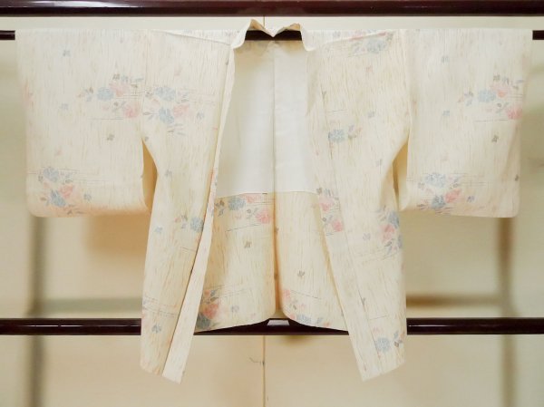 Photo1: L0330D Used Japanese women   Ivory HAORI short jacket / Synthetic. Flower,   (Grade C) (1)