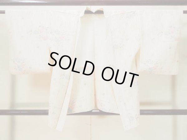 Photo1: L0330D Used Japanese women   Ivory HAORI short jacket / Synthetic. Flower,   (Grade C) (1)