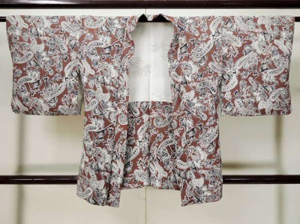 Photo1: L0330N Used Japanese women Reddish  Brown HAORI short jacket / Silk. Chinz pattern,   (Grade C) (1)