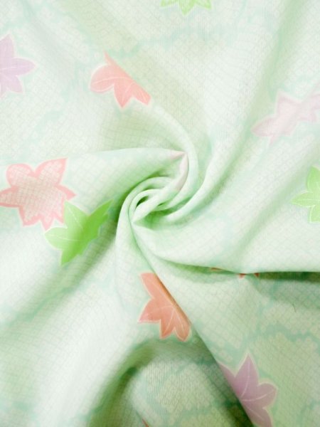 Photo12: L0331F Used Japanese women Light green JUBAN undergarment / Mousseline. MOMIJI maple leaf,   (Grade D) (12)