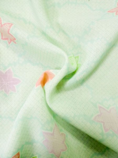 Photo13: L0331F Used Japanese women Light green JUBAN undergarment / Mousseline. MOMIJI maple leaf,   (Grade D) (13)