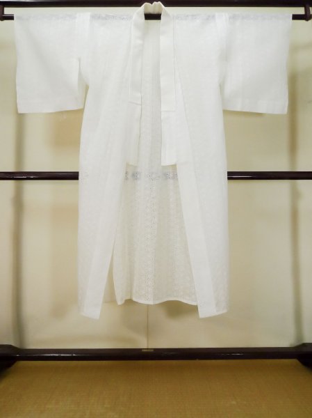 Photo1: L0406E Used Japanese women  Off White JUBAN undergarment / Linen. Abstract pattern   (Grade C) (1)
