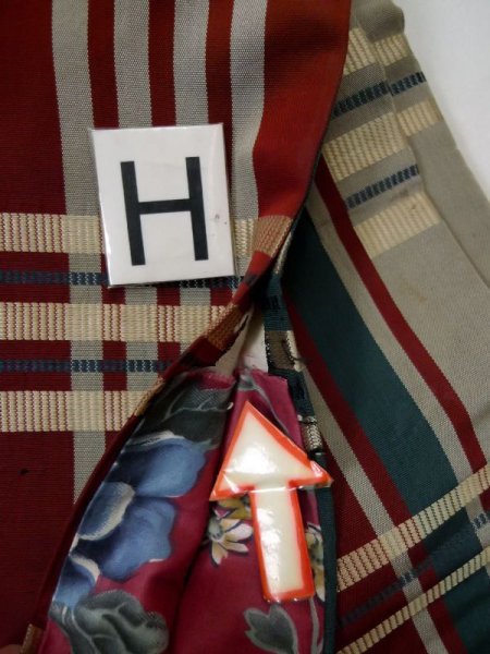 Photo20: L0407A Vintage Japanese Kimono Dark Grayish Green HANHABA OBI half width sash Plaid Checks Silk. (20)