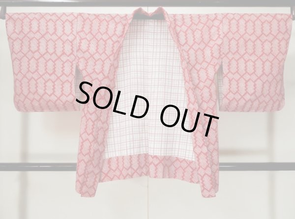 Photo1: L0420N Used Japanese women  Red HAORI short jacket / Silk. Pine bark lozenges,   (Grade B) (1)