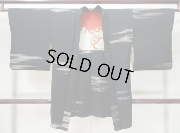 Photo1: L0420Q Used Japanese women  Black HAORI short jacket / Silk. Line,   (Grade D) (1)