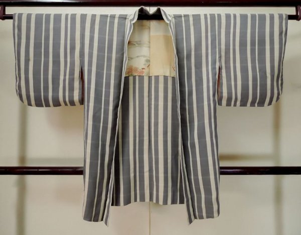 Photo1: L0420S Used Japanese womenDark Bluish Gray HAORI short jacket / Silk. Plaid Checks   (Grade C) (1)