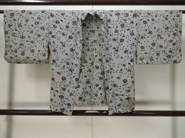 Photo1: L0421A Used Japanese womenPale Dark Gray HAORI short jacket / Silk. Flower,   (Grade D) (1)
