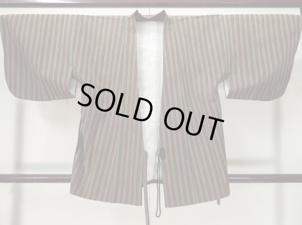 Photo1: L0421L Used Japanese womenLight Grayish Olive DOCHUGI outer coat / Mixed. Stripes Material: mix of synthetic and wool  (Grade D) (1)