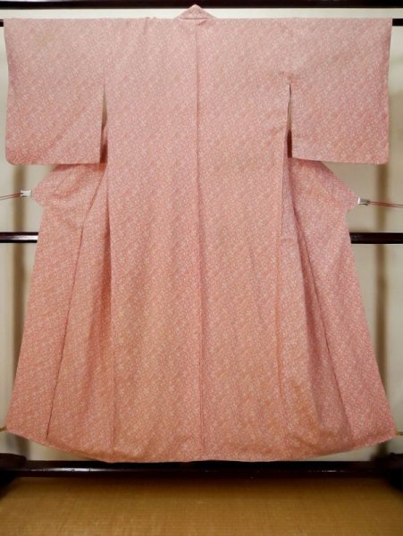 Photo1: L0426J Used Japanese women  Coral KOMON dyed / Silk. Dot,   (Grade C) (1)
