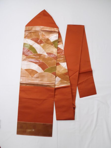 Photo1: Mint L0427C Vintage Japanese Kimono Shiny Dark Orange NAGOYA OBI sash Wave Silk. (1)