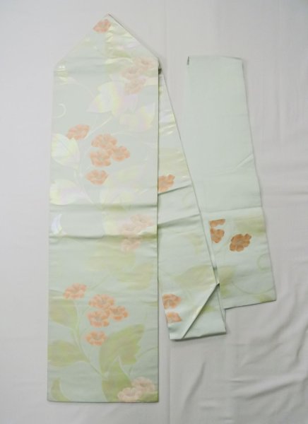 Photo1: L0427R Vintage Japanese Kimono Pale Light Teal NAGOYA OBI sash Flower Silk. (1)