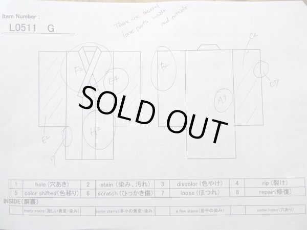 Photo16: L0511G Used Japanese women  Beige HOUMONGI formal / Unkoown. Tall grass, dragofly motif, there are several loose and rips. The material is tingling like wool and hemp to touch.  (Grade D) (16)