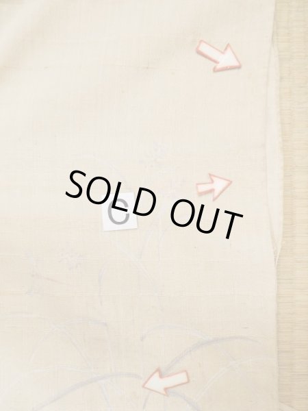 Photo19: L0511G Used Japanese women  Beige HOUMONGI formal / Unkoown. Tall grass, dragofly motif, there are several loose and rips. The material is tingling like wool and hemp to touch.  (Grade D) (19)